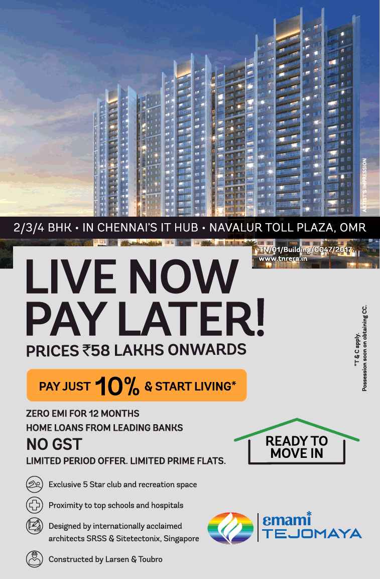 Book ready to move home with Zero EMI for 12 months at Emami Tejomaya in Chennai Update